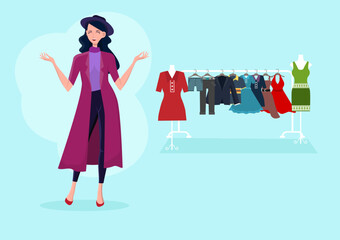 A young woman wearing fashionable clothes stands and smiles confidently. with online sales