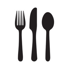 A simple black silhouette set of cutlery, including a knife, fork, and spoon