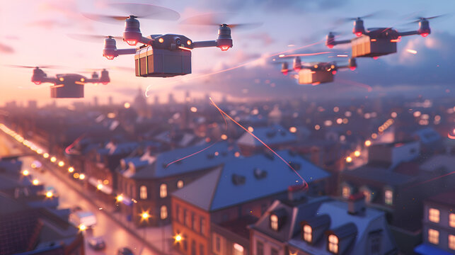 Aerial view of drones carrying packages flying over a city at dusk with buildings and street lights .