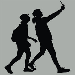 two friends taking a selfie together silhouette vector design art and illustration