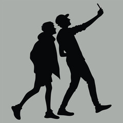two friends taking a selfie together silhouette vector design art and illustration