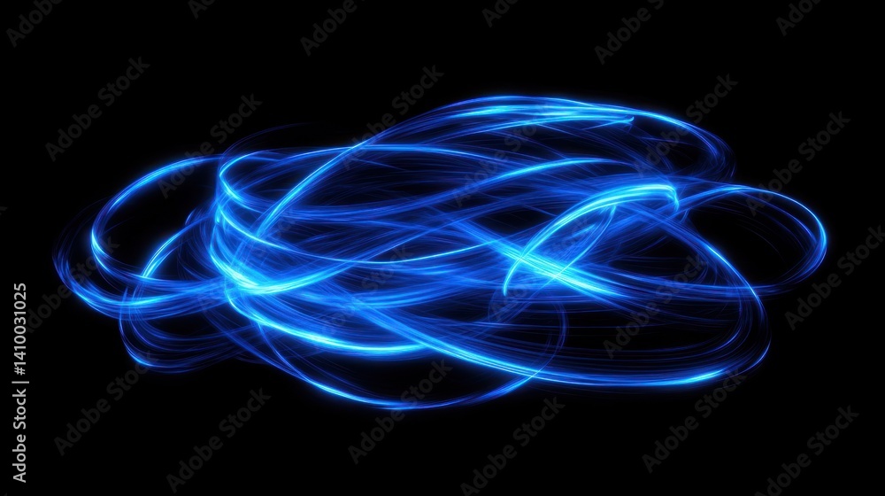 Poster a mesmerizing abstract composition of luminous blue light swirls on a dark background, evoking motio