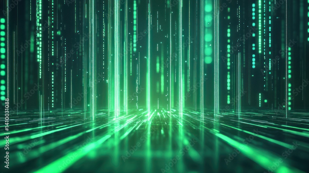 Poster a mesmerizing digital landscape featuring cascading green data streams, symbolizing innovation and t