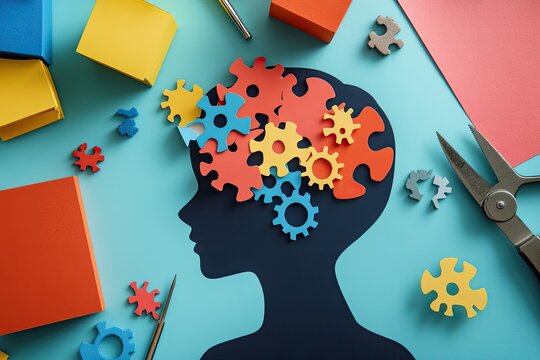 Colorful gears inside a child's head silhouette, symbolizing cognitive development and creative thinking