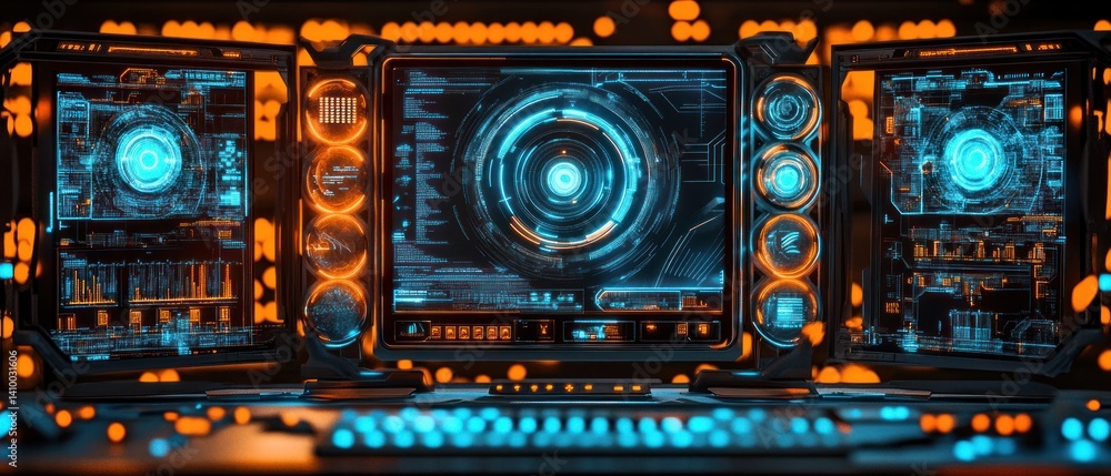 Poster futuristic sci-fi control room: advanced technology interface display