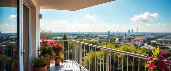 Sun-drenched balcony overlooking vibrant city greenery and distant skyline, cityscape,  perspective