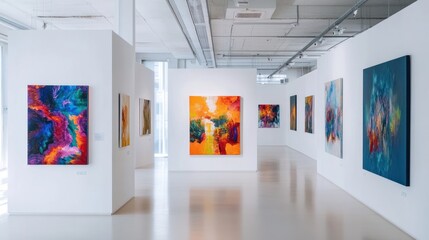 A modern art gallery showcasing vibrant abstract paintings on white walls, creating an inspiring atmosphere for creativity.