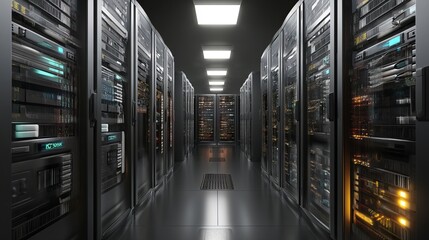 Telecommunication server room in 3D Big data and cloud hosting concept for digital industry and storage