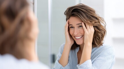 Fototapeta premium A woman smiles at her reflection in the mirror, expressing joy and confidence while gently holding her face.