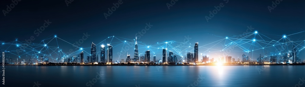 Poster a panoramic city skyline illuminated at night, featuring interconnected nodes symbolizing technology