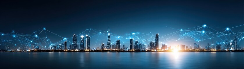 A panoramic city skyline illuminated at night, featuring interconnected nodes symbolizing technology and communication networks.