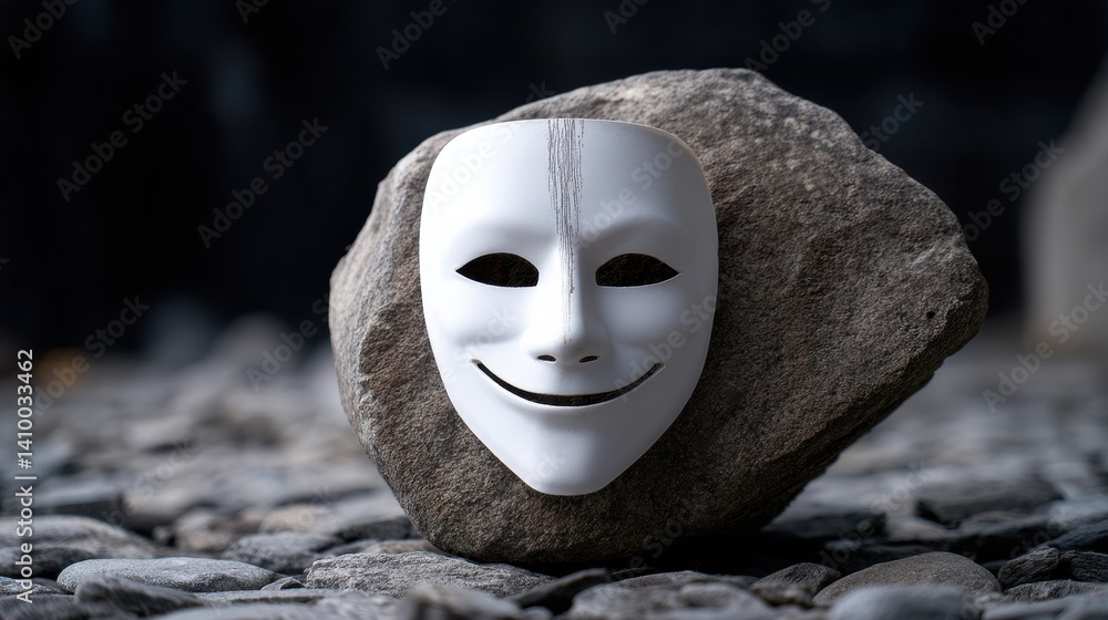 Poster a white mask with a smiling face rests on a textured stone in a serene setting, blending elements of