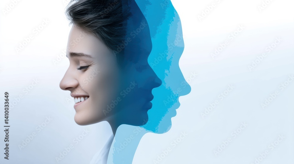 Poster a serene portrait blending two profiles, symbolizing introspection and self-discovery through a calm