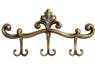 Decorative metal wall hooks with antique brass finish and ornate design, isolated on white background