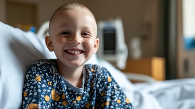 A bald boy smiling happily in his hospital bed, radiating positivity despite the setting.