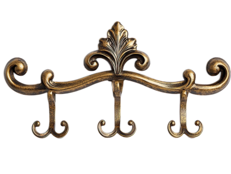 Decorative metal wall hooks with antique brass finish and ornate design, isolated on white background