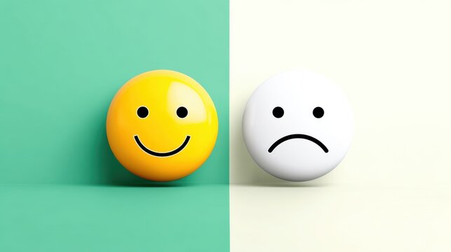 A visual representation of contrasting emotions, featuring a yellow smiley face and a white sad face on a split background.