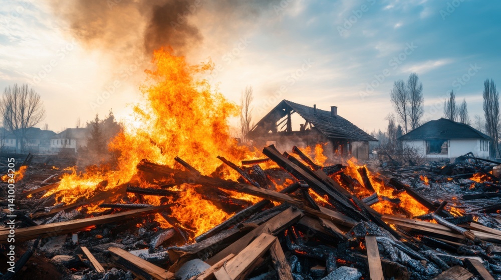 Poster intense flames erupting from burning debris in a desolate area during sunset with charred structures