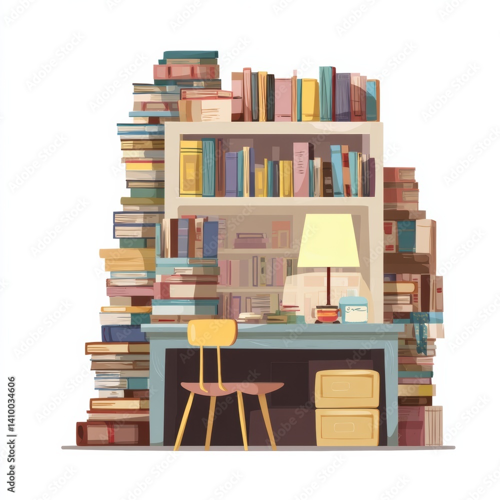 Aufkleber a cozy workspace featuring a cluttered bookshelf and a simple desk with a chair, illuminated by a la