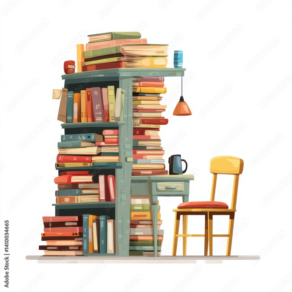 Aufkleber a colorful bookshelf filled with books, accompanied by a chair and a lamp, creating a cozy reading e