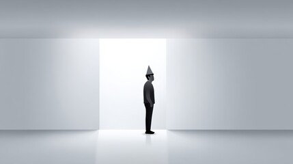 Obraz premium A solitary figure in a minimalist, bright space, wearing a cone-shaped hat, evokes themes of isolation and introspection.