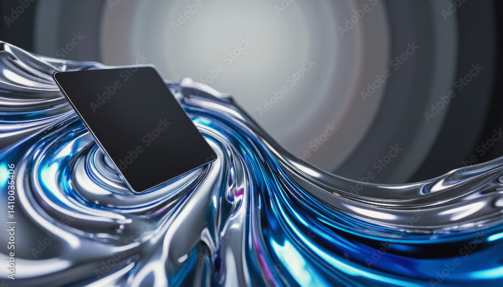 Poster everyday objects - for downstream advertisement and design: a sleek, black tablet rests on a swirlin