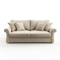 Beige sofa with classic armrests and padded cushions