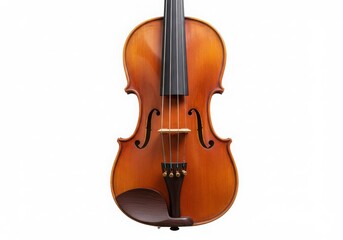 Fototapeta premium A close up studio shot of a brown violin with black strings on a white background in full view angle