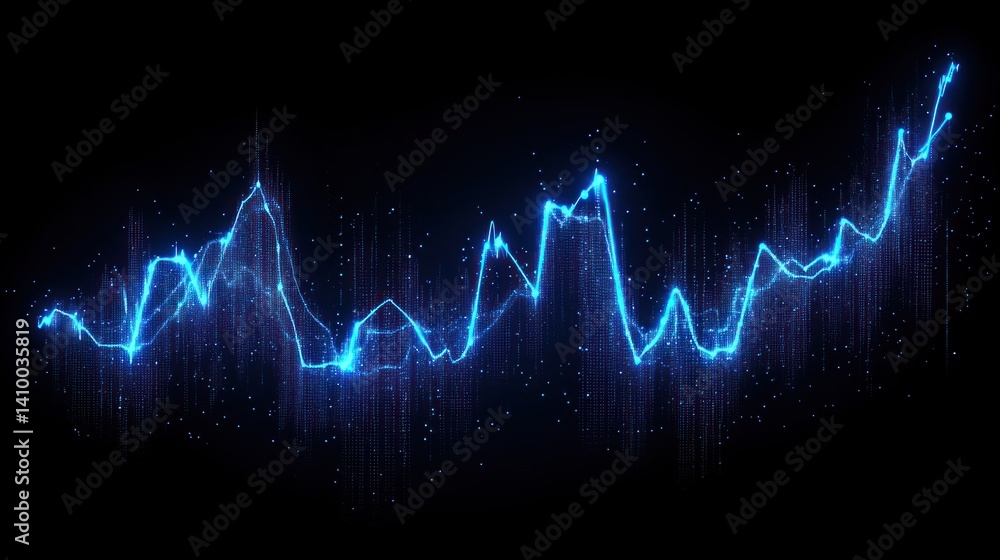 Poster a striking blue digital graph displaying fluctuating data trends against a dark background, symboliz
