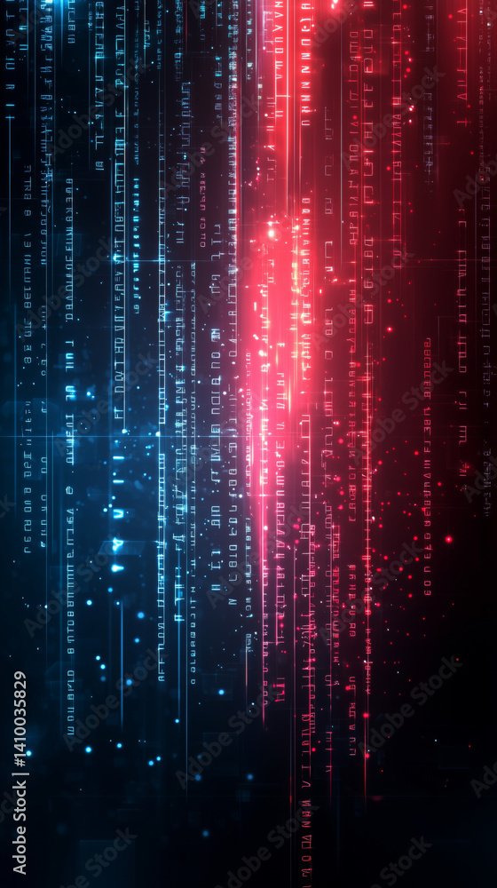 Poster futuristic digital matrix with glowing lines in blue and red, creating vibrant and dynamic atmospher