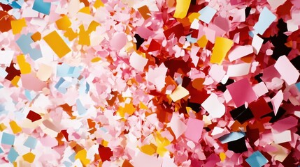 A vibrant collage of colorful paper confetti pieces scattered across a surface, showcasing an array of hues and shapes.