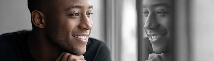 Obraz premium A smiling man gazes out of a window, reflecting a moment of contemplation and joy, captured in a serene and intimate setting.