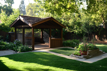 Naklejka premium Charming Kennel Exterior with Lush Greenery and Secure Exercise Area for Pets