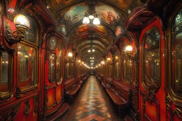 Obraz premium Ornate train interior with red wood panels and ceiling art.