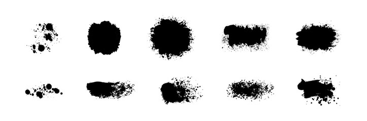 Paint brush, ink splatter, and strokes to place, box for text. Set of ink grunge paintbrush strokes and paint splashes. Artistic textures collection for card, banner, label.