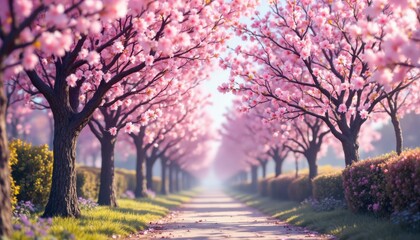 Fototapeta premium Blossoming cherry trees scenic park nature photography vibrant spring serene pathway beauty of nature