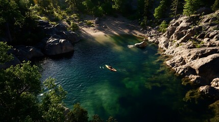 Serene kayak glides through a crystal-clear mountain river.