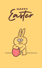 happy easter vertical card with easter bunny holding egg. Cute quirky handmade cartoon illustration.