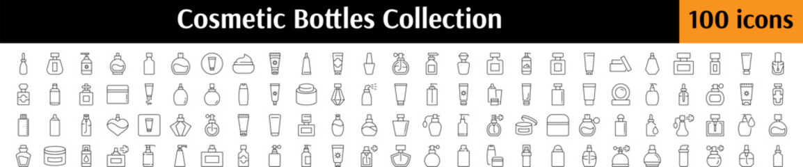 Set of Cosmetic Bottles Related Line Icons. Perfume, Cream, Shampoo, Gel Outline Signs for Graphic and Web Design, Apps, Adverts, Various Cards