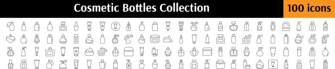 Pack of Cosmetic Bottles Related Line Icons. Perfume, Cream, Shampoo, Gel Outline Signs for Graphic and Web Design, Apps, Adverts, Various Cards