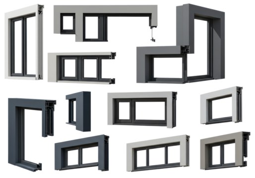 Modern window designs in various colors isolated on white background