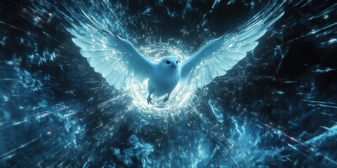 Naklejka premium Celestial Flight: A White Bird Soaring Through a Cosmic Vortex