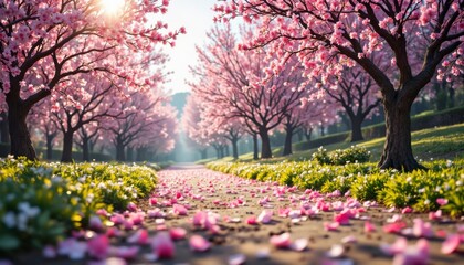 Cherry blossom pathway spring garden photography serene nature wide angle tranquility and beauty