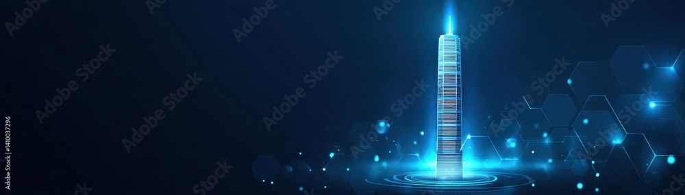 Poster a futuristic skyscraper emits a blue glow, surrounded by hexagonal patterns, suggesting advanced tec