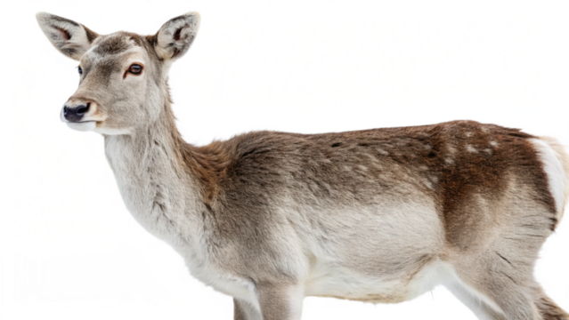 A deer with a winter coat, isolated on a transparent background.