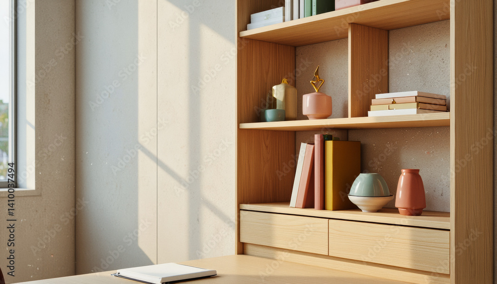 Poster everyday objects - for downstream advertisement and design: warm sunlight illuminates a modern, ligh