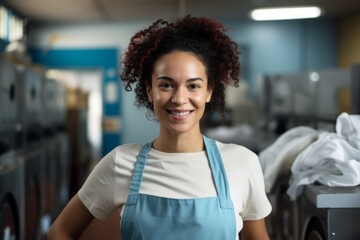 Portrait of a smiling Hispanic woman working at laundromat