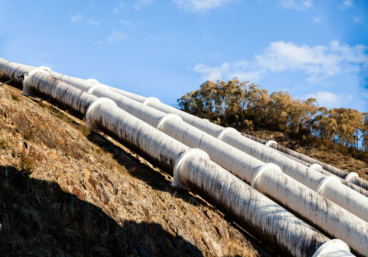 Pipes going down hill to Tumut 3 Power Station part of the snowy mountains hydroelectric scheme