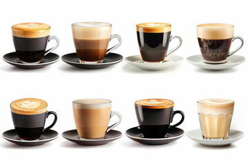 Eight different specialty coffee drinks in glass cups on saucers showing variety of coffee drinks