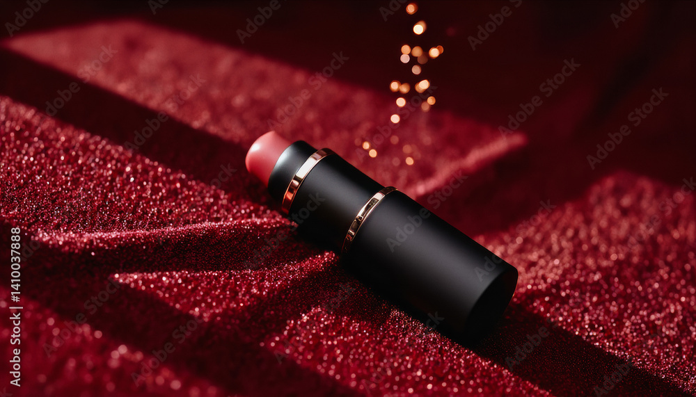 Poster everyday objects - for downstream advertisement and design: a luxurious lipstick rests on a textured